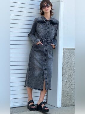 Wash Lab Black Denim Washed Midi Dress with Button Front